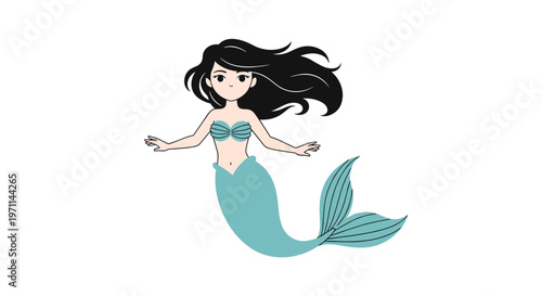 Beautiful mermaid with long flowing black hair and a shimmering blue tail swims gracefully on a white background.