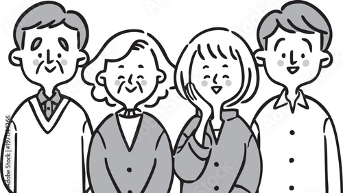 笑顔の二世帯家族　上半身　ベクター（モノクロ）