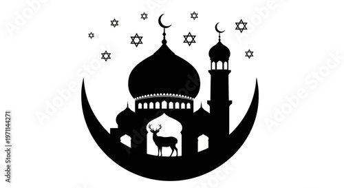Elegant black silhouette of a mosque nestled within a crescent moon, adorned with starry accents and a graceful deer, representing peace, spirituality, and cultural heritage