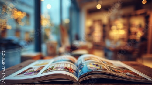 Wallpaper Mural An open magazine displaying colorful photographs, textured pages, and glossy paper inside a cozy reading space Torontodigital.ca