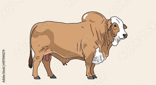 Detailed vector illustration of a majestic brown Zebu or Brahman bull, depicting a strong farm animal with characteristic hump and dewlap, standing in profile on a light background