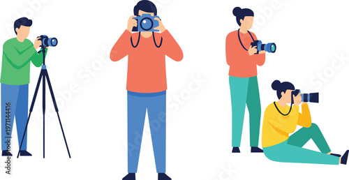 Photographers Taking Pictures with Cameras in Different Poses Professional Photography Activity Flat Vector Illustration Set