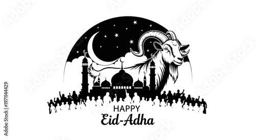 Stylized illustration featuring a prominent ram, a traditional mosque, and a festive crowd, symbolizing an Islamic celebration of devotion and community