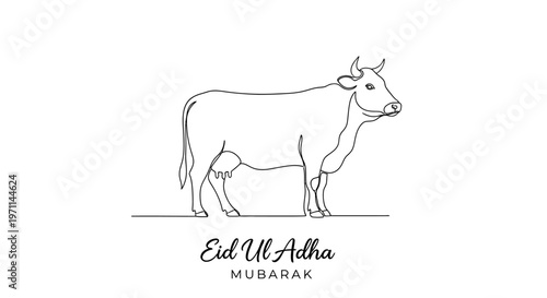 Eid Ul Adha Mubarak A Minimalist Line Art Illustration of a Cow Celebrating Islamic Holiday