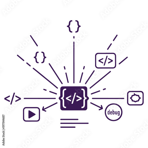 Purple abstract computer code with radiating symbols and debug.