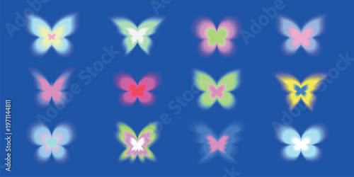 Colorful butterflies with blurred wings on a blue background. Each butterfly is unique in color and shape, creating a vibrant, dreamy butterfly pattern. Cute glowing element set vector.