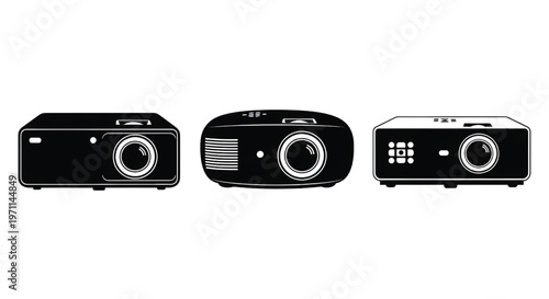 Three different projectors side by side on a white background