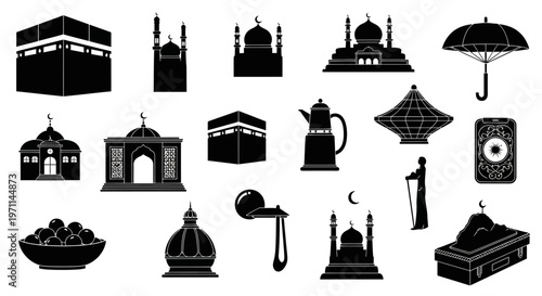 Set of Islamic cultural and religious icons, illustrating traditional architecture, worship elements, and festive symbols such as mosques, Kaaba, and lanterns, suitable for diverse design needs