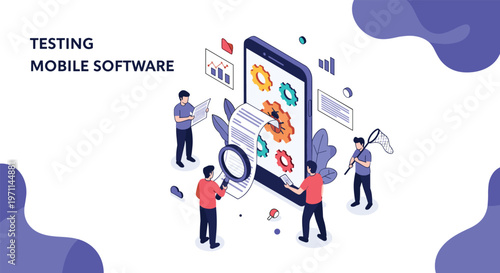 Isometric illustration shows professional software developers testing a mobile application for bugs and errors on a large smartphone.