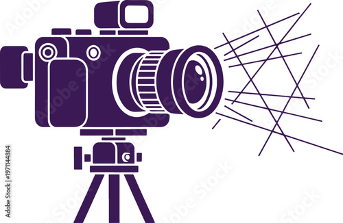 Purple camera with lens and tripod emitting light rays