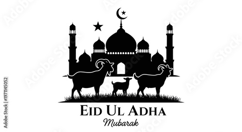 Silhouette illustration of an Islamic festival with a mosque, crescent moon, and goats, symbolizing devotion, sacrifice, and community celebration
