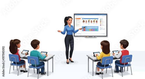 Teacher leads interactive digital lesson with students using tablets in.
