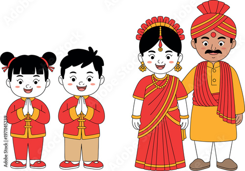 Cartoon illustration of a family in traditional clothing from various cultures