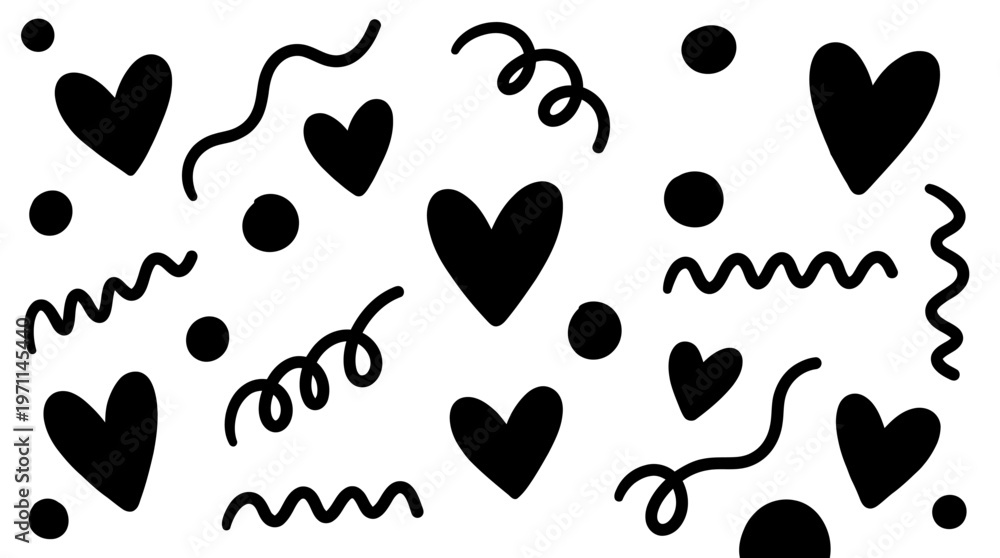 Fototapeta premium Playful black hearts, dots, and squiggly lines doodle pattern on a clean white background, creating a whimsical and festive design.