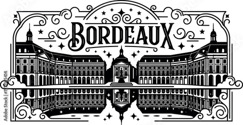 Bordeaux landmark with mirrored fountain and decorative swirls black and white vector art