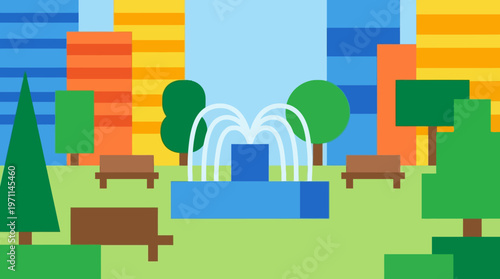A vibrant, flat design illustration of a city park with a central fountain, green trees, and benches, set against a backdrop of colorful, abstract buildings.