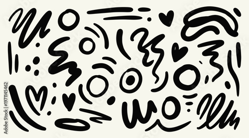 A collection of black hand-drawn doodle elements including lines, circles, dots, hearts, and abstract shapes on a light background, creating a playful and artistic pattern.