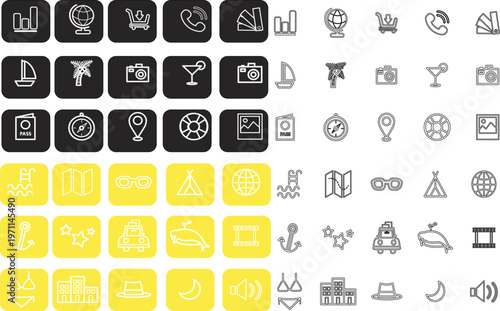 Vector Set of Travel, Business, and Lifestyle Icons in Outline and Glyph Styles