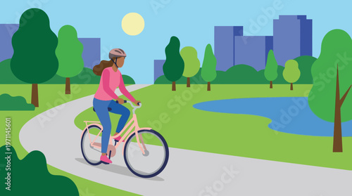 An illustration of a woman cycling on a winding path through a vibrant green park with a pond and city skyline in the background under a sunny sky.