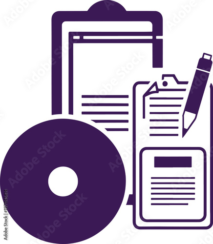 Purple of a floppy disk with a document and pen writing
