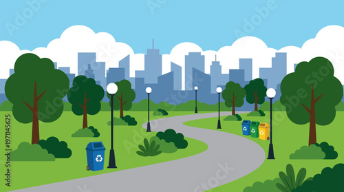 A vibrant cartoon illustration of a modern city park with green trees, a winding path, streetlights, and recycling bins, set against a backdrop of a clear blue sky and a distant urban skyline.