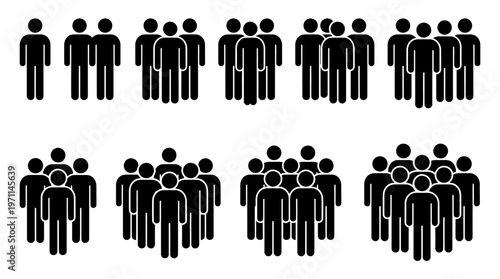 Black silhouette stick figures representing various groups and crowds of people on a white background, illustrating different social gatherings and communities.