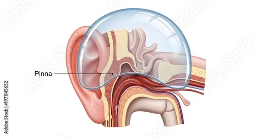 Lateral anatomical illustration of the external ear emphasizing the pinna or auricle, depicting its cartilaginous folds and contours that collect and funnel sound waves into the ear canal for hearing 
