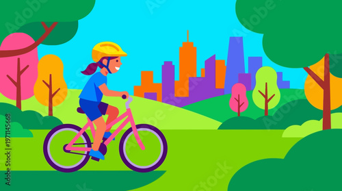 Cartoon illustration of a happy girl riding a pink bicycle in a vibrant park with a city skyline in the background, depicting outdoor leisure.