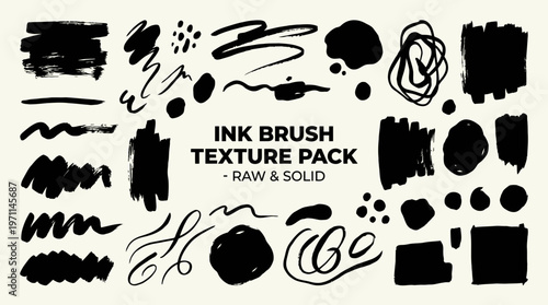 A comprehensive collection of black ink brush strokes, textures, and abstract splatters, perfect for graphic design elements.