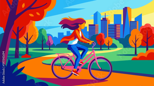 A vibrant illustration of a woman cycling through a colorful park with an urban city skyline in the background.