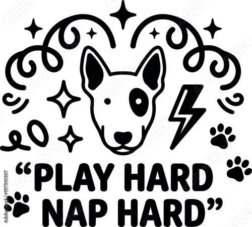Play hard nap hard dog face with swirl and lightning bolt vector art