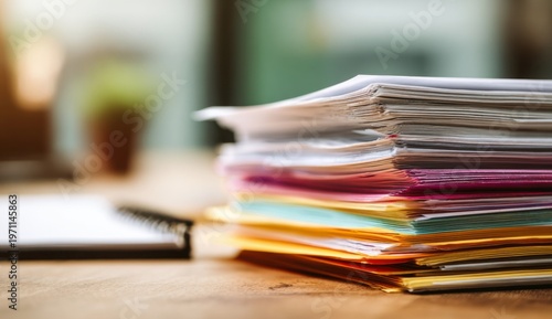 Wallpaper Mural Close-animated movie view of a neatly stacked pile of colorful printed documents and papers on a wooden table with soft natural lighting Torontodigital.ca