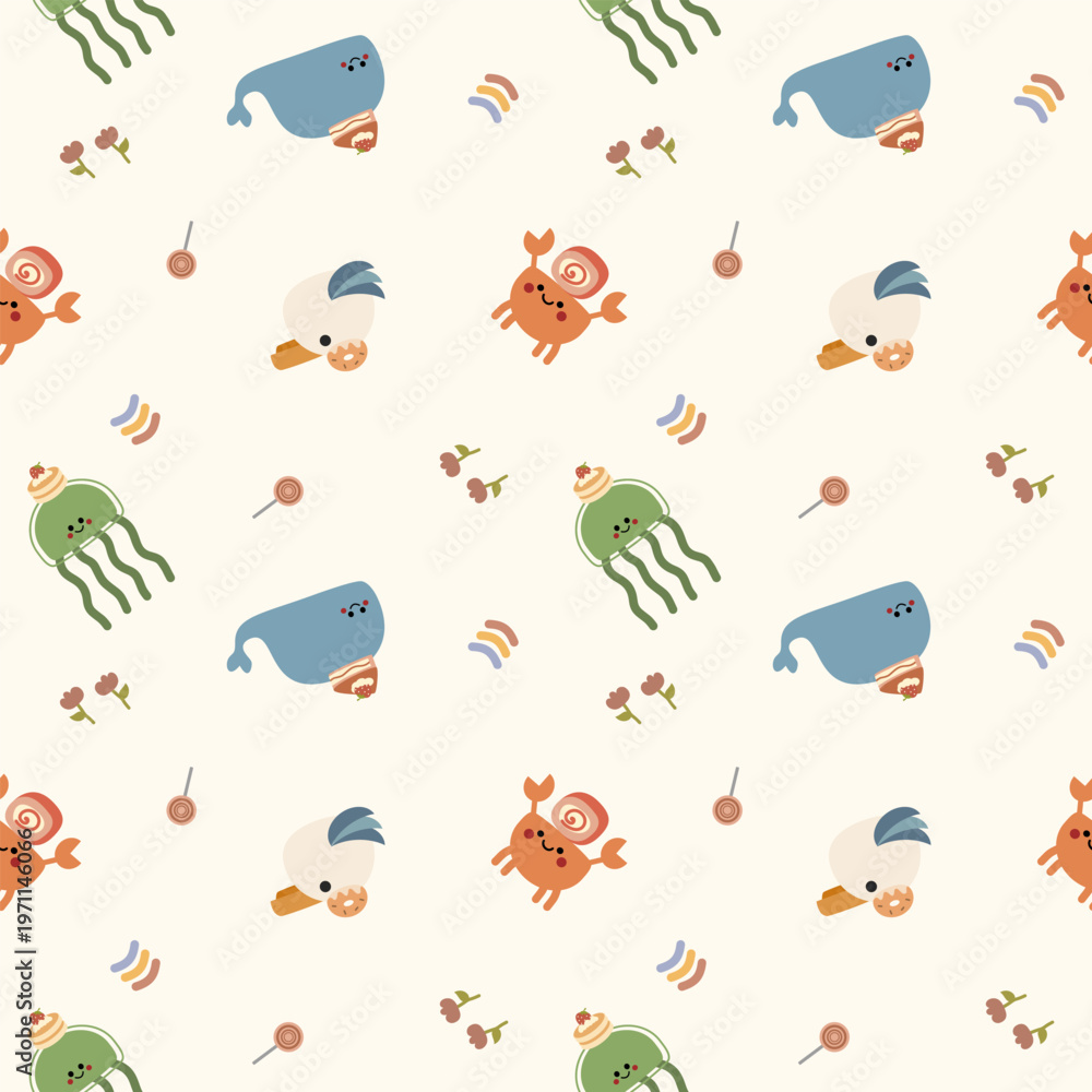 Fototapeta premium Animal and dessert cartoon so cute. On jellyfish crab whale bird roll cake pancake donut lollipop rainbow flower background. Pattern seamless vector illustration. 
