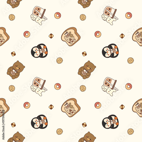 Animal and bubble tea cartoon so cute. On penguin dog bear rabbit bread donut cookie background. Pattern seamless vector illustration. 