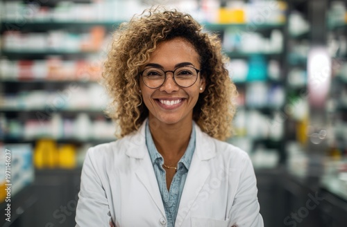 Wallpaper Mural Confident female pharmacist with curly hair and glasses smiling in a pharmacy environment, wearing a white lab coat and blue shirt Torontodigital.ca