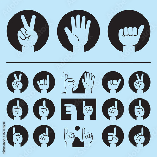 Black and white of hand gestures and sign language symbols