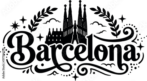 Black and white vector art barcelona lettering with sagrada familia silhouette and decorative swirls