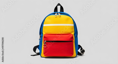 This vibrant and eye-catching primary colored backpack, featuring bright yellow, bold blue, and striking red panels, complete with a prominent white stripe, multiple zippered compartments, and adjusta