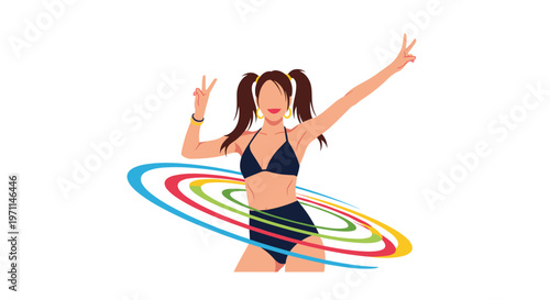 Young woman in a bikini poses with colorful hula hoops spinning around her waist during a fun summer activity.