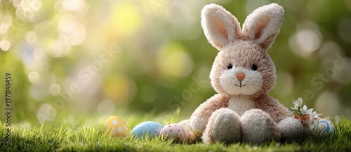 Wallpaper Mural Cute plush bunny sitting on the grass surrounded by colorful easter eggs in a spring garden setting Torontodigital.ca