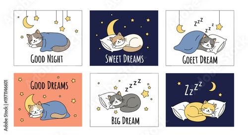 Set of cards features cute cats sleeping on pillows under blankets with stars and sweet dreams messages for bedtime.