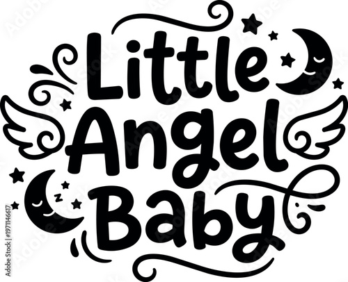 Little angel baby lettering with crescent moons wings and stars vector art