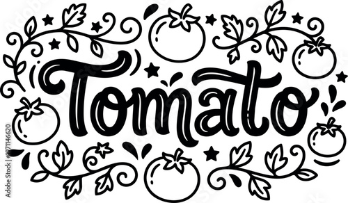 Black and white tomato lettering with vine leaves and tomato icons vector art