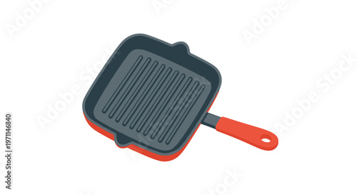 Empty square grill pan with a red handle and ridges for cooking is shown from an isometric view perspective.