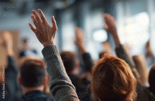 Wallpaper Mural Diverse businesspeople raising hands in a professional conference or meeting, emphasizing teamwork and participation Torontodigital.ca
