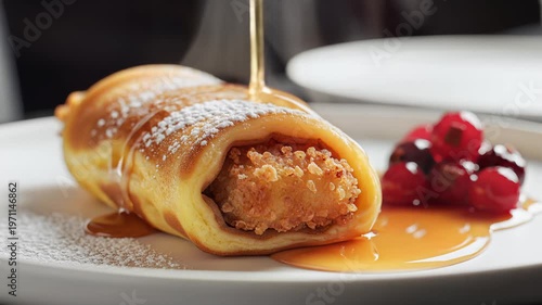 Delicious Rolled Crepe Filled with Creamy Goodness and Topped with Powdered Sugar and Syrup.