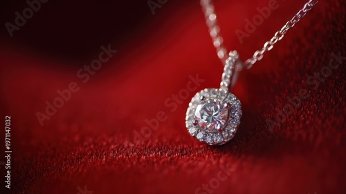 Wallpaper Mural Elegant diamond pendant suspended on a fine chain displaying intricate design and brilliance against a rich red background Torontodigital.ca