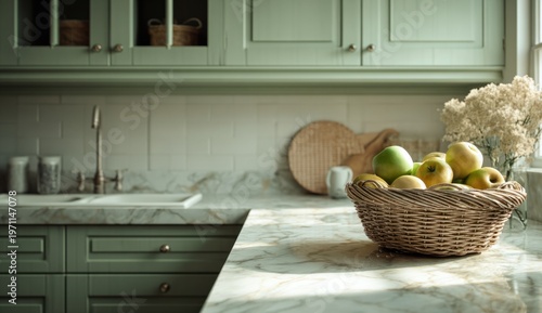 Wallpaper Mural Elegant light green kitchen with white marble countertop featuring fresh green apples in a woven basket and decorative white flowers Torontodigital.ca