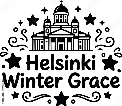Black and white line art helsinki winter grace cathedral with stars and swirls