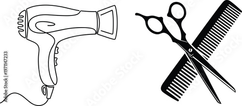 Hair Dryer and Scissors with Comb Icon Vector Illustration Set for Hair Salon, Barber Shop and Beauty Tools Design